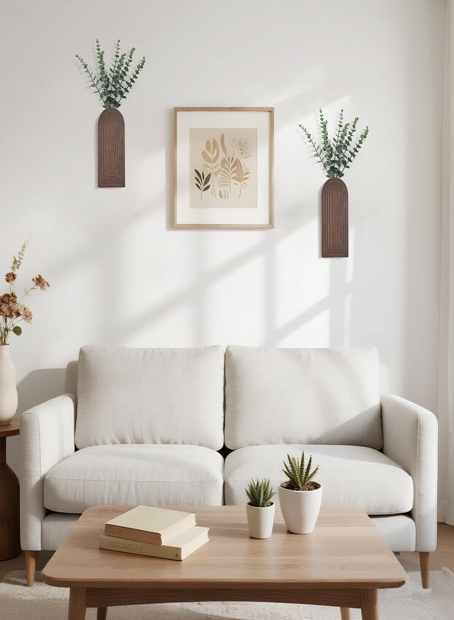 داهي مزهرية جدارية خشبية من داهي مع أوكالبتوس صناعي، عبوة من قطعتين، مزهرية معلقة للنباتات الصناعية الداخلية، ديكور جداري عصري بوهيمي ريفي للحمام وغرفة النوم والمطبخ والمكتب والمنزل، بني - Image 2