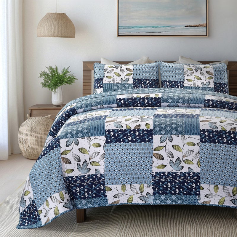 SLPR Pacific Coast 3Piece Quilt Set  King Size with 2 Shams Lightweight Quilted Bedspread Blue and White Floral Patchwork Design Soft AllSeason Bedding for Farmhouse and Bohemian Decor