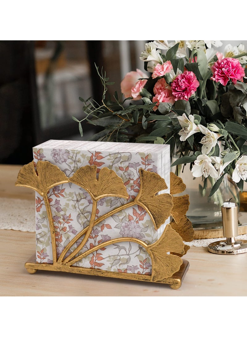 Excefore حامل المناديل، حامل مناديل حديث بتصميم ورقة الجنكة، 40 قطعة ومناديل كوكتيل بحجم 5 إنش، سطح المطبخ، زينة طاولة الطعام، طاولة بار القهوة، طاولة الحفلات، لون نحاسي - Image 2