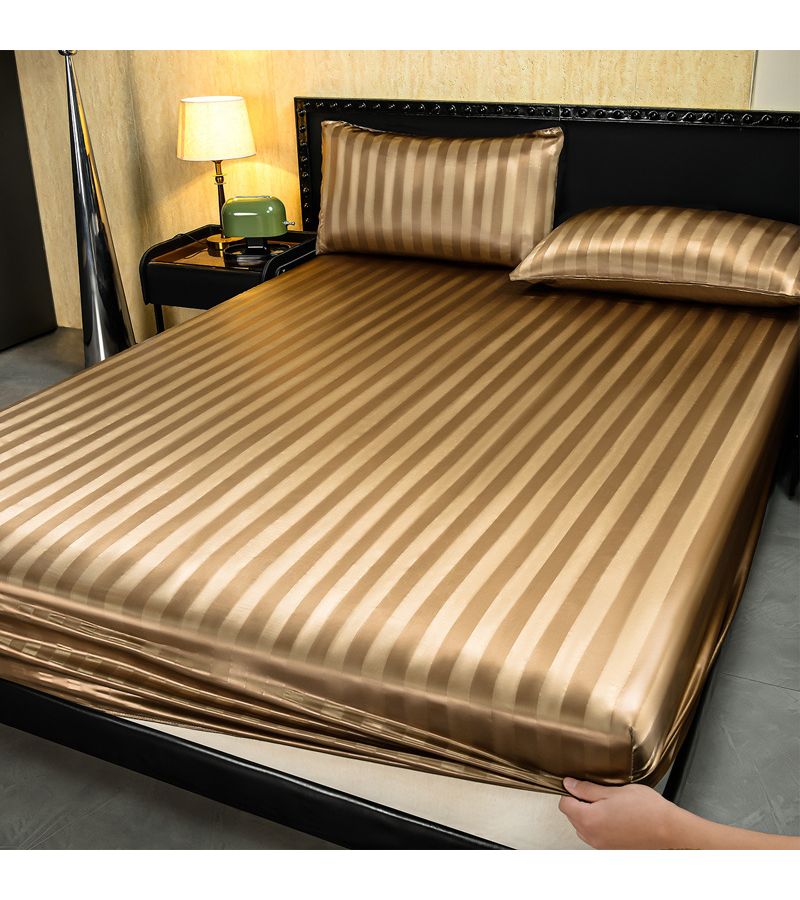1pc Satin Stripe Fitted Sheet 35.43 by 78.74 Inch Pink Mattress Protector Machine Washable Polyester Soft Comfortable Bedding For Bedroom Home Hotel - Image 2