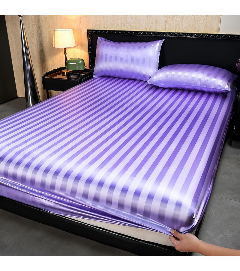 1pc Satin Stripe Fitted Sheet 35.43 by 78.74 Inch Pink Mattress Protector Machine Washable Polyester Soft Comfortable Bedding For Bedroom Home Hotel - Image 1