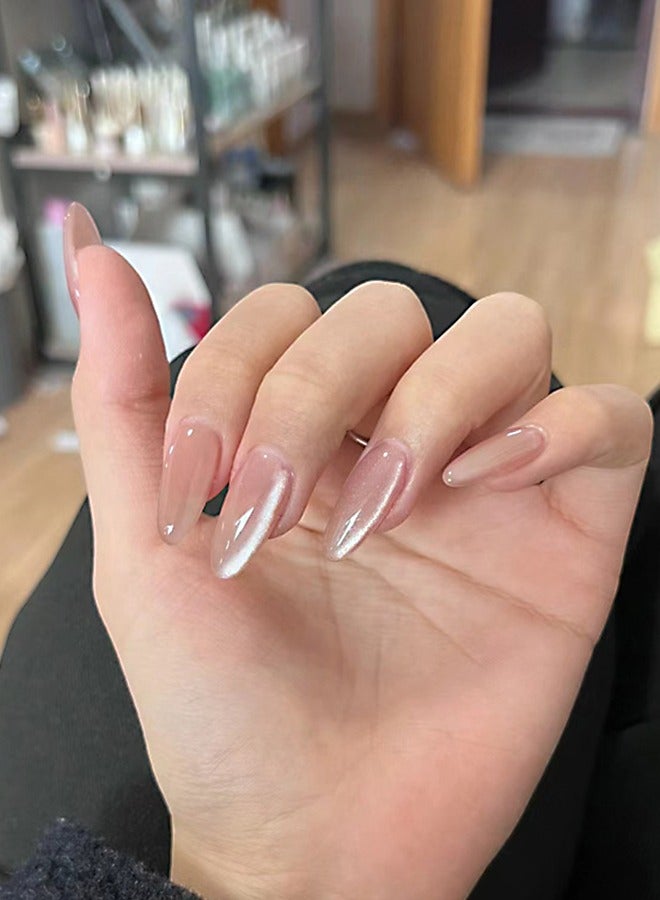 NIBEMINENT 30 قطعة من الأظافر المزيفة، اضغط على الأظافر في الصندوق، متوسطة الطول على شكل لوز متدرج بلون وردي فاتح، فن أظافر لامع، عين القطة، رقعة أظافر مزيفة - Image 1