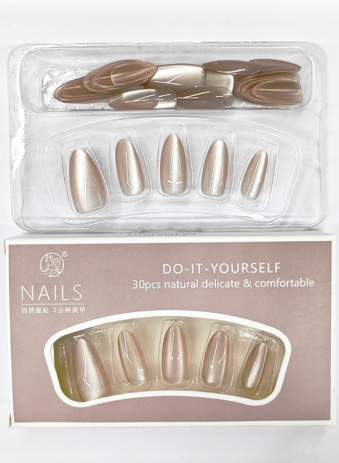 NIBEMINENT 30 قطعة من الأظافر المزيفة، اضغط على الأظافر في الصندوق، متوسطة الطول على شكل لوز متدرج بلون وردي فاتح، فن أظافر لامع، عين القطة، رقعة أظافر مزيفة - Image 3