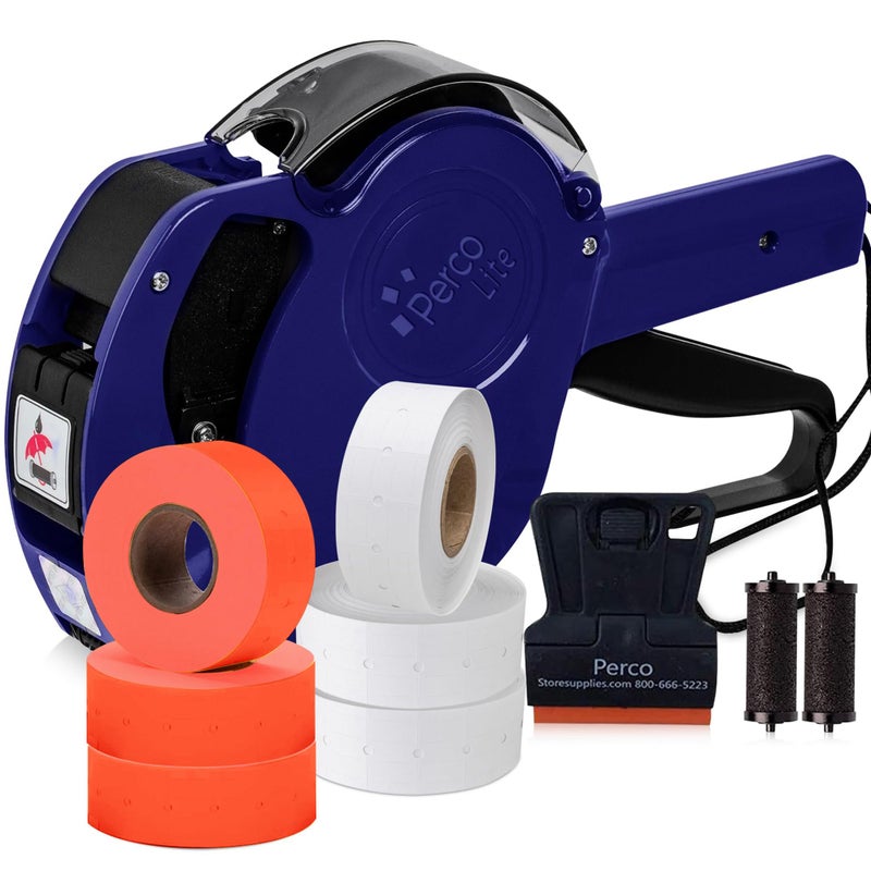 Perco Lite 1 Line Price Gun with Labels Kit - Includes 3 White Rolls, 3 Fluorescent Red Rolls, 2 Ink Rollers - 1 Ink roll and Labels Pre-Loaded - Image 1