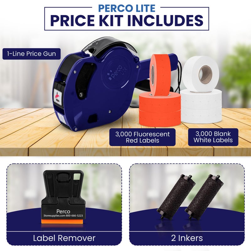 Perco Lite 1 Line Price Gun with Labels Kit - Includes 3 White Rolls, 3 Fluorescent Red Rolls, 2 Ink Rollers - 1 Ink roll and Labels Pre-Loaded - Image 2
