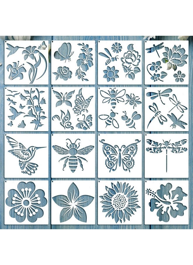 Zonon - 16 Pieces Flower Stencil For Painting Bee Sunflower Butterfly Spring Stencil Large Template Reusable Summer Painting Stencil And Metal Open Ring For Diy Craft On Wood Wall Home Decor(6.3 X 6.3 Inch) - Image 1