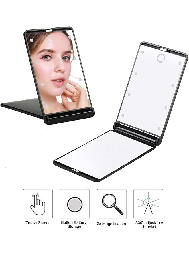erorex Led Lighted Travel Mirror 1X 2X Magnification Folding Compact Mirror Portable Makeup Mirror With 8 Dimmable Led Lights Touch Switch Travel Tabletop Cosmetic Mirror Black - Image 5