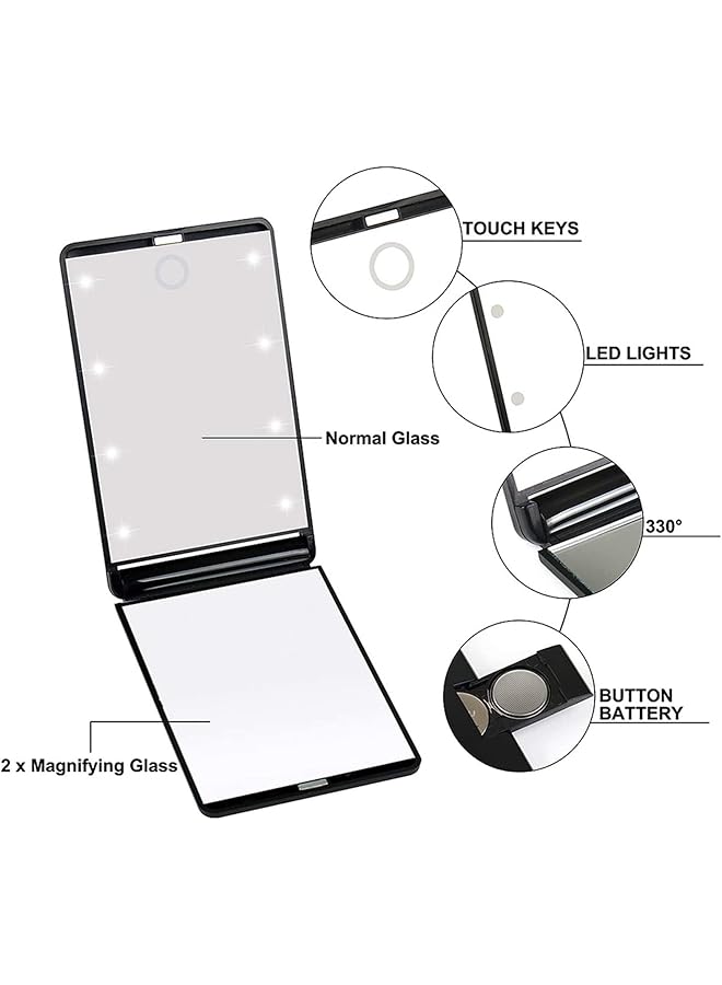 erorex Led Lighted Travel Mirror 1X 2X Magnification Folding Compact Mirror Portable Makeup Mirror With 8 Dimmable Led Lights Touch Switch Travel Tabletop Cosmetic Mirror Black - Image 2