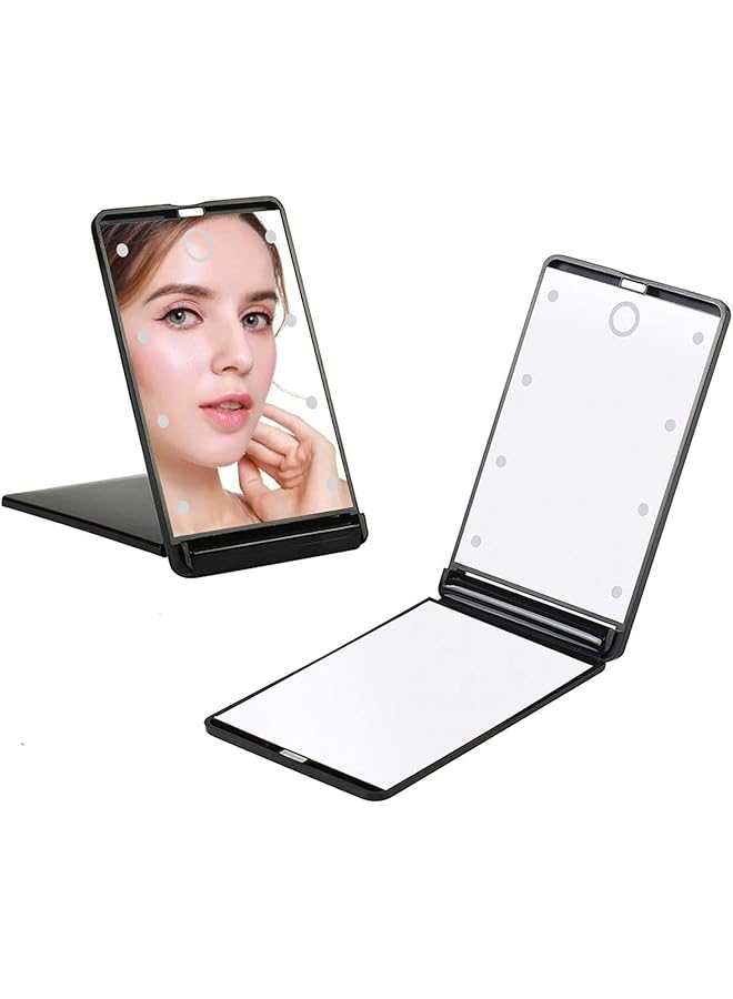 erorex Led Lighted Travel Mirror 1X 2X Magnification Folding Compact Mirror Portable Makeup Mirror With 8 Dimmable Led Lights Touch Switch Travel Tabletop Cosmetic Mirror Black - Image 1
