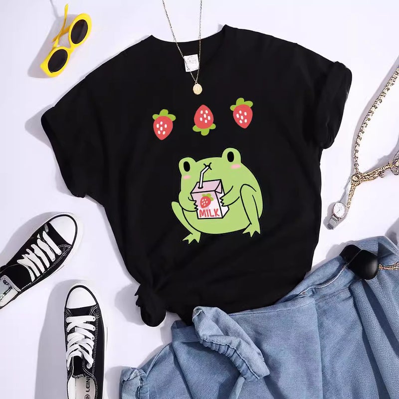Green Frog Who Loves Strawberry Flavor Milk T-Shirt Women'S Sports Summer T-Shirt Street Trend - Image 4