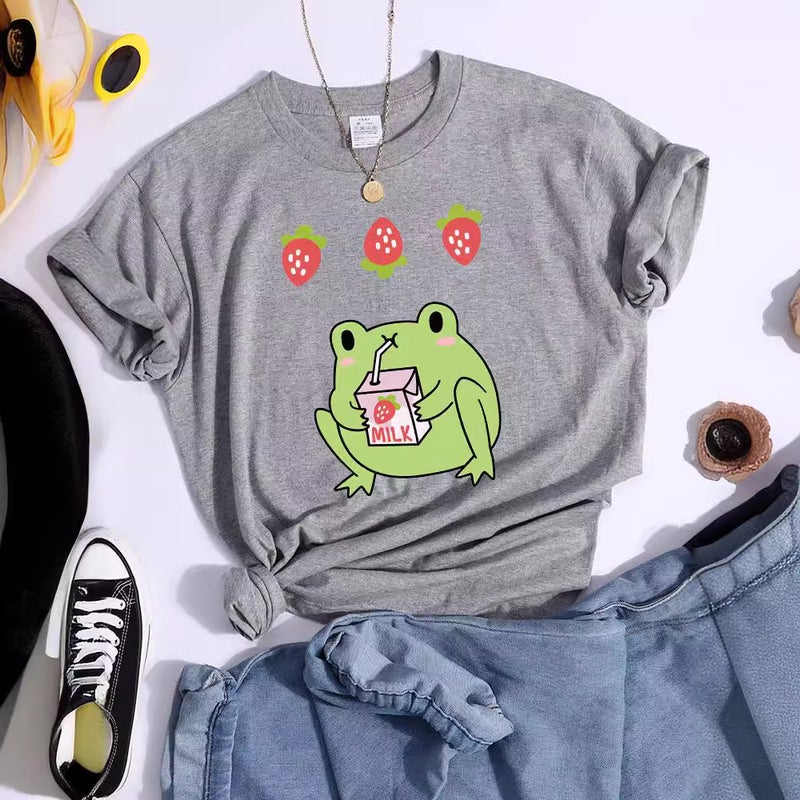 Green Frog Who Loves Strawberry Flavor Milk T-Shirt Women'S Sports Summer T-Shirt Street Trend - Image 5