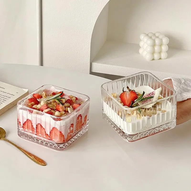 Lupro Square Glass Dessert Bowls - Pack of 6, Striped Glass Cups for Ice Cream, Yogurt, Oatmeal, Cake, Fruit Salad - Image 3