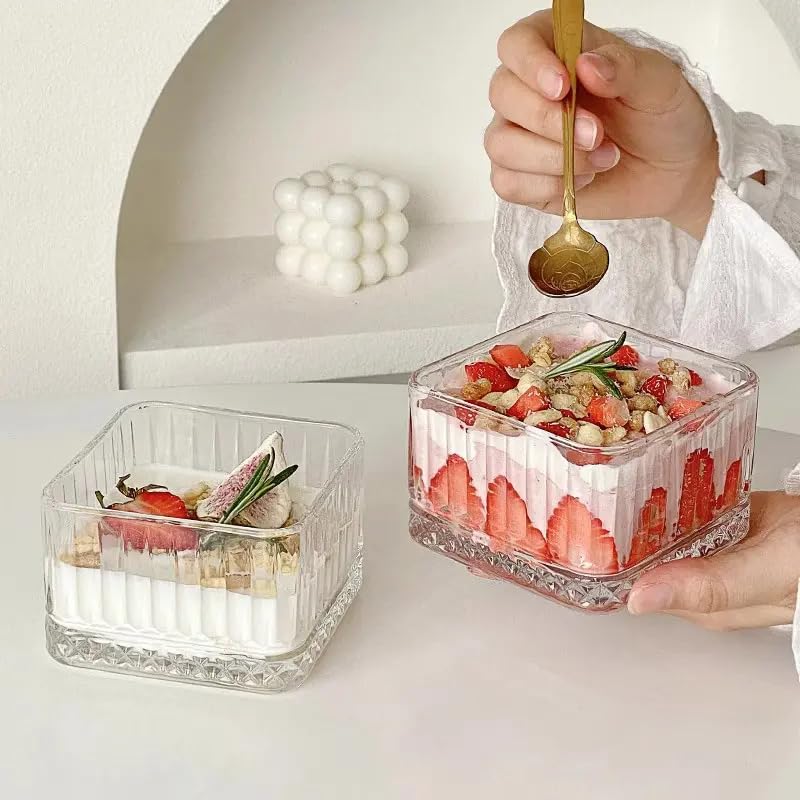 Lupro Square Glass Dessert Bowls - Pack of 6, Striped Glass Cups for Ice Cream, Yogurt, Oatmeal, Cake, Fruit Salad - Image 1