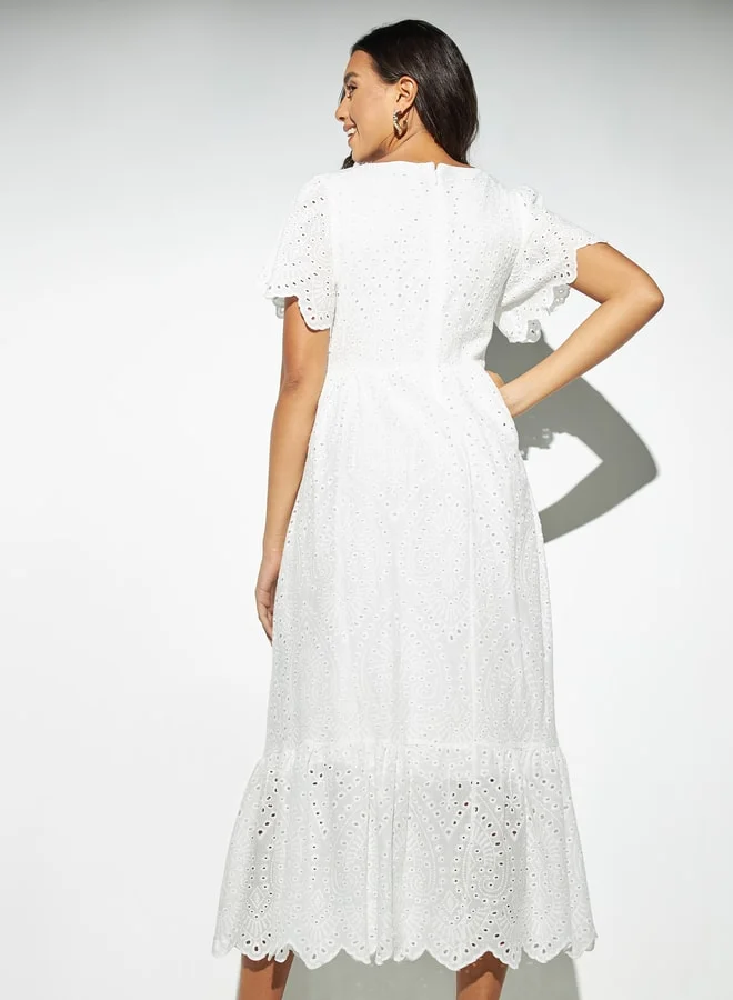 2Xtremz 2Xtremz Schiffli Detail Dress with Flared Sleeves and Scalloped Hem