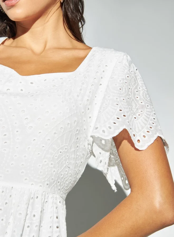 2Xtremz 2Xtremz Schiffli Detail Dress with Flared Sleeves and Scalloped Hem