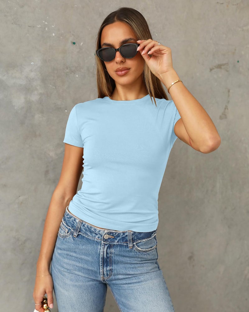 Abardsion Women's Casual Basic Going Out Crop Tops Slim Fit Short Sleeve Crew Neck Tight T Shirts 2026 (Light Blue, S) - Image 2