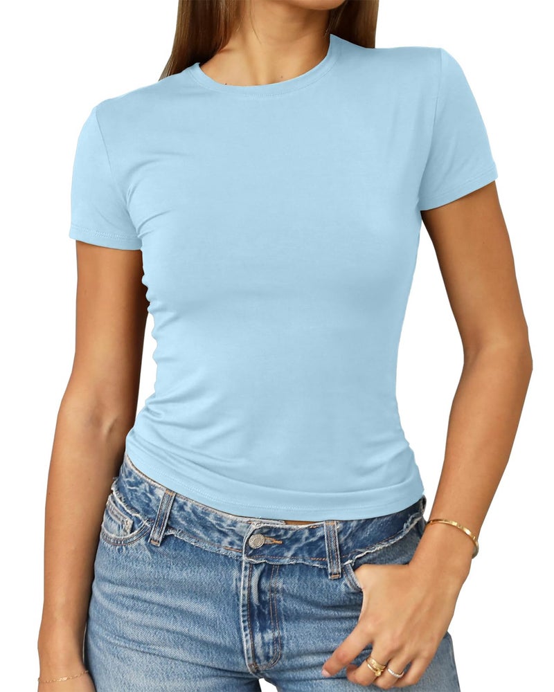 Abardsion Women's Casual Basic Going Out Crop Tops Slim Fit Short Sleeve Crew Neck Tight T Shirts 2026 (Light Blue, S) - Image 1