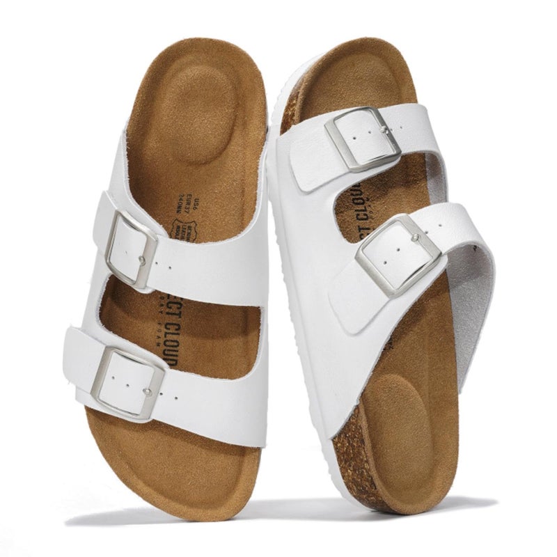 Project Cloud 100% Genuine Leather Flat Sandals For Women 2026 Cork Footbed Womens Sandals with Memory Foam and arch support Vacation Essentials Slides for Women Footwear (Venita, White, 8.5) - Image 1