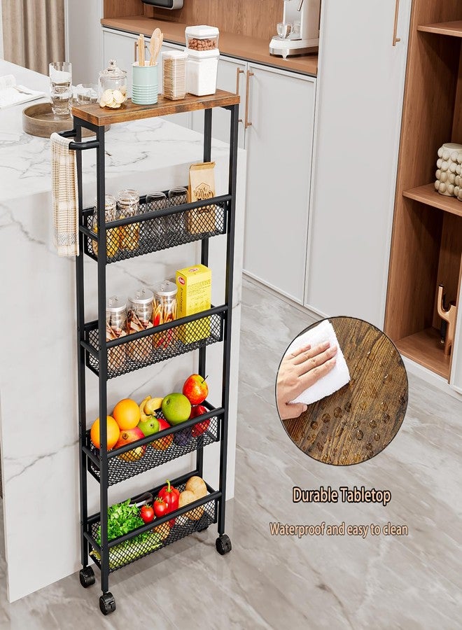 AZERPIAN Slim Rolling Cart 5 Tier Narrow Storage Cart on Wheels with MDF Board Top and Metal Handle for Small Space Kitchen Living Room Home Office Pantry Bathroom Laundry (16.38 x 5.12 x 39.17 inch) - Image 3