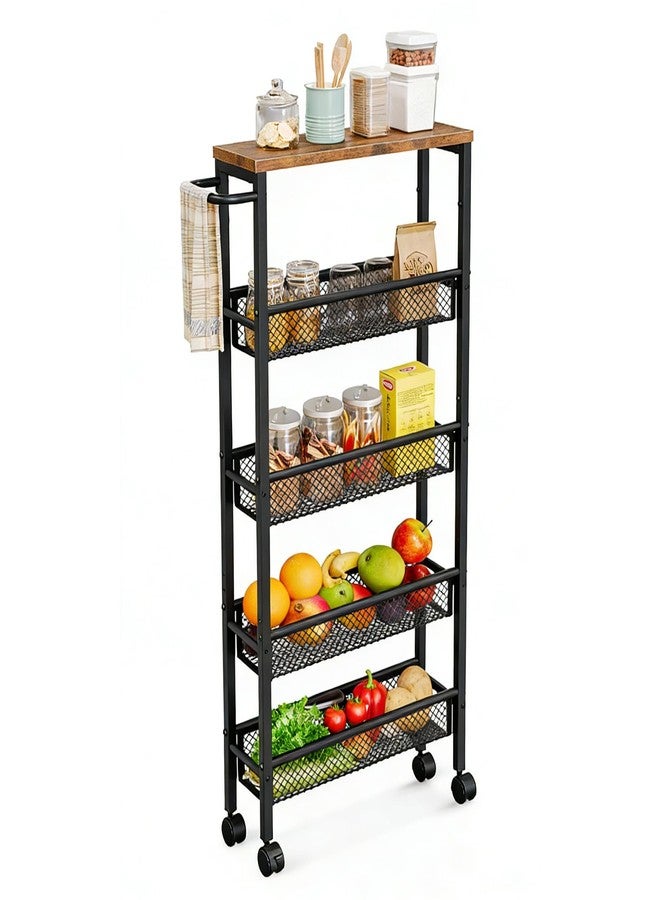 AZERPIAN Slim Rolling Cart 5 Tier Narrow Storage Cart on Wheels with MDF Board Top and Metal Handle for Small Space Kitchen Living Room Home Office Pantry Bathroom Laundry (16.38 x 5.12 x 39.17 inch) - Image 1