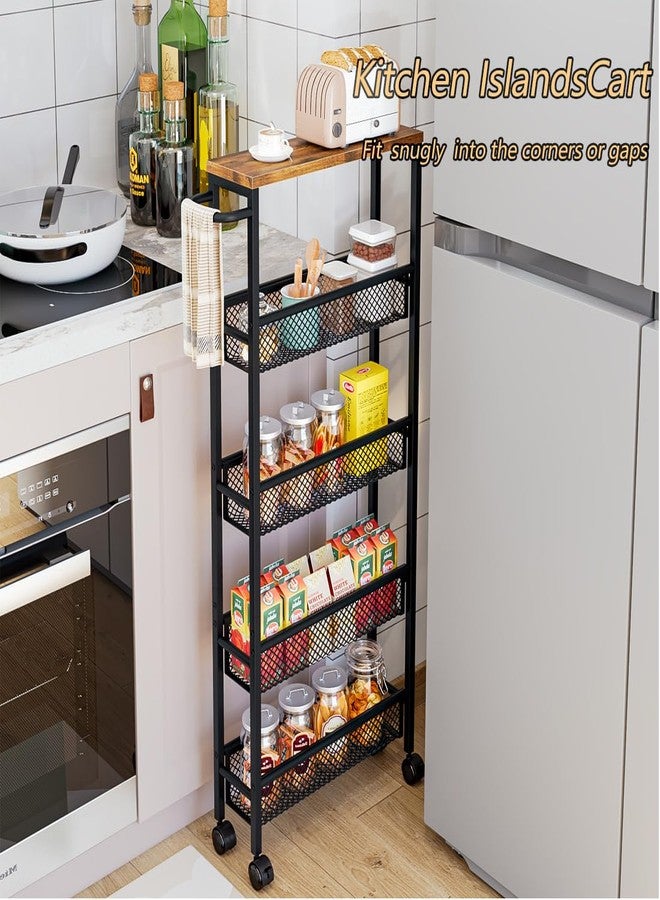AZERPIAN Slim Rolling Cart 5 Tier Narrow Storage Cart on Wheels with MDF Board Top and Metal Handle for Small Space Kitchen Living Room Home Office Pantry Bathroom Laundry (16.38 x 5.12 x 39.17 inch) - Image 2