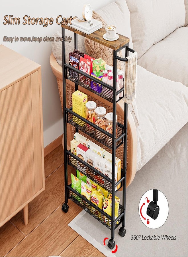 AZERPIAN Slim Rolling Cart 5 Tier Narrow Storage Cart on Wheels with MDF Board Top and Metal Handle for Small Space Kitchen Living Room Home Office Pantry Bathroom Laundry (16.38 x 5.12 x 39.17 inch) - Image 4