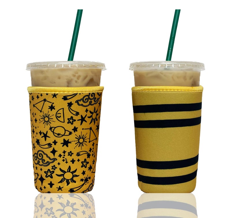 Baxendale and Co Reusable Neoprene Insulator Sleeves for Iced Coffee and Cold Drink Cups (2 PK Medium 22-24oz, Yellow Wanderlust) - Image 1