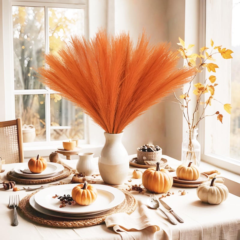 obbsie 50pcs Burnt Orange Faux Pampas Grass Decor, 21.6" Short Artificial Fall Pompous Grass Floral Fake Orange Pompas Grass Branches Vase Filler Flower Arrangement for Home Wedding Fall Decor - Image 4