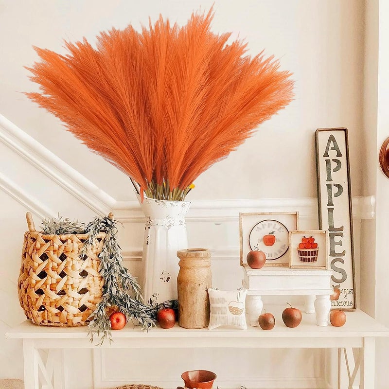 obbsie 50pcs Burnt Orange Faux Pampas Grass Decor, 21.6" Short Artificial Fall Pompous Grass Floral Fake Orange Pompas Grass Branches Vase Filler Flower Arrangement for Home Wedding Fall Decor - Image 2