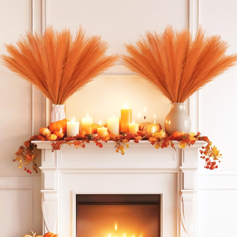 obbsie 50pcs Burnt Orange Faux Pampas Grass Decor, 21.6" Short Artificial Fall Pompous Grass Floral Fake Orange Pompas Grass Branches Vase Filler Flower Arrangement for Home Wedding Fall Decor - Image 3