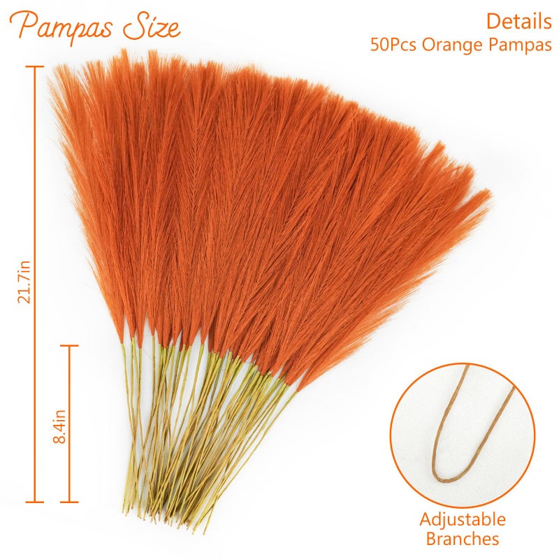 obbsie 50pcs Burnt Orange Faux Pampas Grass Decor, 21.6" Short Artificial Fall Pompous Grass Floral Fake Orange Pompas Grass Branches Vase Filler Flower Arrangement for Home Wedding Fall Decor - Image 5