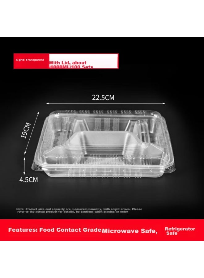 Yata Wutian Disposable Food Containers, 4 Compartments, 1000 Model, 100 Sets, With Lids, Plastic Takeout Boxes, Thickened, Transparent Packaging Boxes - Image 3