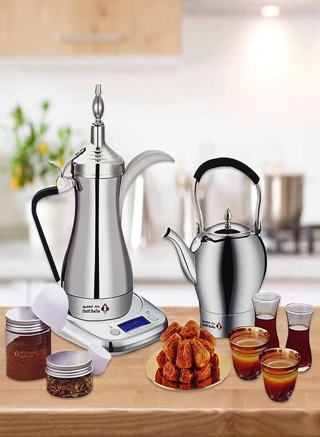 غالف دالا ماكينة تحضير القهوة والشاي العربية الكهربائية من الخليج مع الزجاج والاكسسوارات 1 لتر 1000 واط ضمان سنتين دلة صنع 1 1000 واط فضي - Image 1