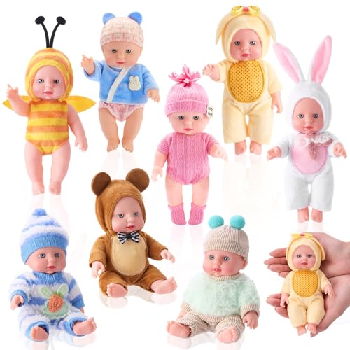 Halloscume 7 Inch Mini Baby Mini Reborn Doll Vinyl Full Body Lifelike Dolls Baby with Weighted Cloth Reborn Gift Set for Kids Gifts for Christmas Kids7 InchAnimal8 Pcs - Image 1