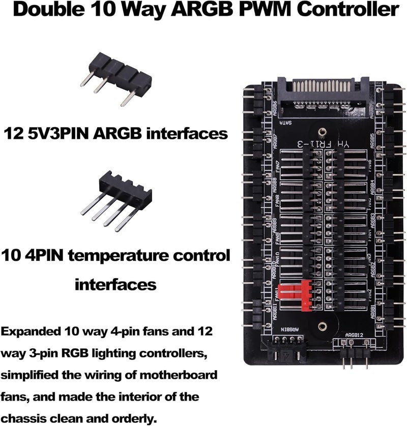 Verilux ® ARGB and PWM Fan HUB, 10 Ports for Addressable RGB Lighting, 1 to 6 Multi Way backplane Splitter 5V/3PIN Case Fan Hub Adapter, 3-Pin PC PWM Fan Hub CPU Cooling HUB Controller Fan Hub Splitter - Image 3