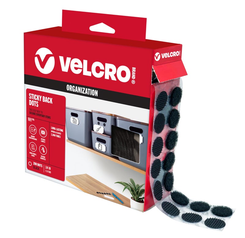 VELCRO Brand Dots with Adhesive Black 200 Pk 34 Circles Sticky Back Round Hook and Loop Closures for Organizing Arts and Crafts School Projects