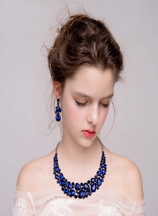 BriLove Wedding Bridal Jewelry Set for Women Austrian Crystal Multi Teardrop Cluster Statement Necklace Dangle Earrings Navy Blue Sapphire Color Black-Silver-Tone - Image 2