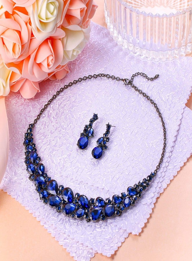 BriLove Wedding Bridal Jewelry Set for Women Austrian Crystal Multi Teardrop Cluster Statement Necklace Dangle Earrings Navy Blue Sapphire Color Black-Silver-Tone - Image 3