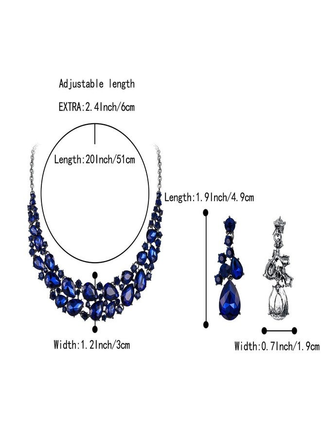 BriLove Wedding Bridal Jewelry Set for Women Austrian Crystal Multi Teardrop Cluster Statement Necklace Dangle Earrings Navy Blue Sapphire Color Black-Silver-Tone - Image 4
