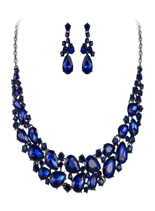 BriLove Wedding Bridal Jewelry Set for Women Austrian Crystal Multi Teardrop Cluster Statement Necklace Dangle Earrings Navy Blue Sapphire Color Black-Silver-Tone - Image 1