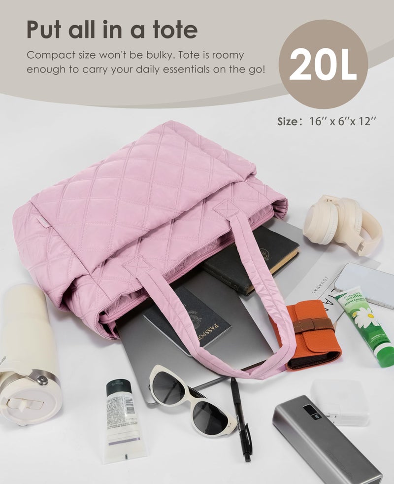 Uselike Tote Bag for Women, Lightweight Puffer Tote Work Bags with Compartments for Travel, Quilted Shoulder Bag with Zipper (Cherry Blossom) - Image 5