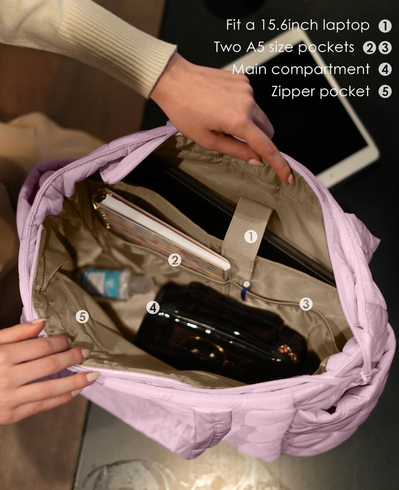 Uselike Tote Bag for Women, Lightweight Puffer Tote Work Bags with Compartments for Travel, Quilted Shoulder Bag with Zipper (Cherry Blossom) - Image 4