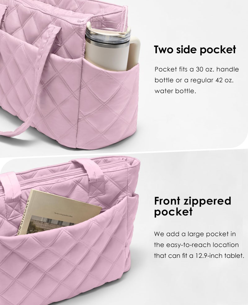 Uselike Tote Bag for Women, Lightweight Puffer Tote Work Bags with Compartments for Travel, Quilted Shoulder Bag with Zipper (Cherry Blossom) - Image 3