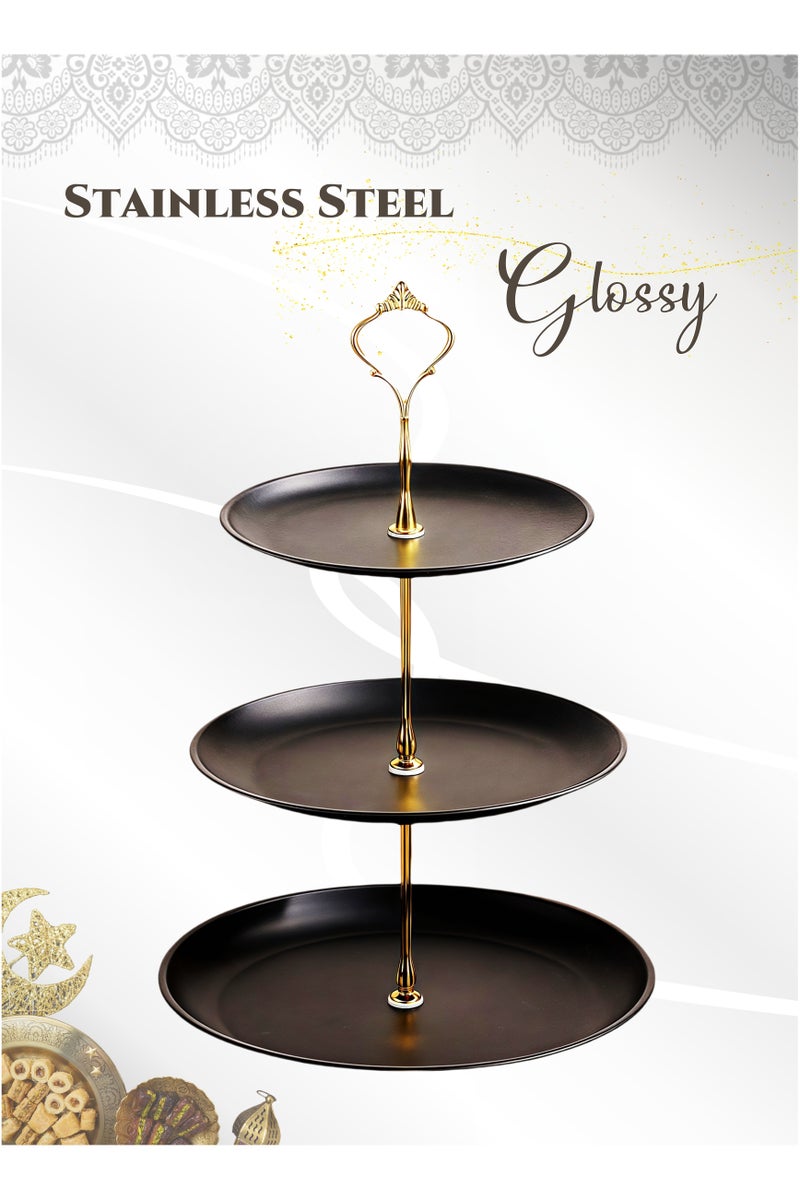 Black Gold Stainless Steel 3-Layer Dessert Stand Fruit Tray ,Cake Stand,Display Rack, Kitchen Dining Tray, Serving Trays with European Crown Handle, Ramadan Dessert Tray ,Tray Decor Coffee Table Round Tray, Perfume Jewelry Trays,for Family Gatherings, Afternoon tea, Office activities, Banquet Celebrations,Hotel Restaurants23.5/20/17X35cm - Image 1