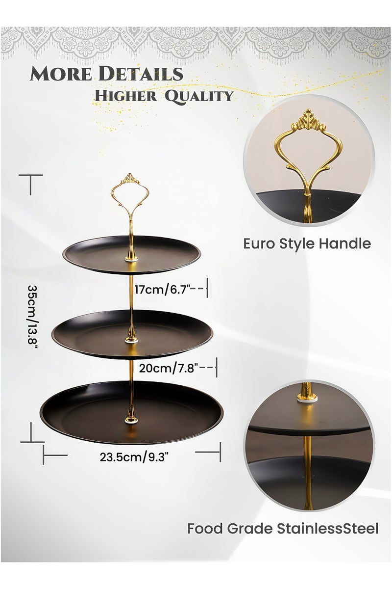 Black Gold Stainless Steel 3-Layer Dessert Stand Fruit Tray ,Cake Stand,Display Rack, Kitchen Dining Tray, Serving Trays with European Crown Handle, Ramadan Dessert Tray ,Tray Decor Coffee Table Round Tray, Perfume Jewelry Trays,for Family Gatherings, Afternoon tea, Office activities, Banquet Celebrations,Hotel Restaurants23.5/20/17X35cm - Image 3