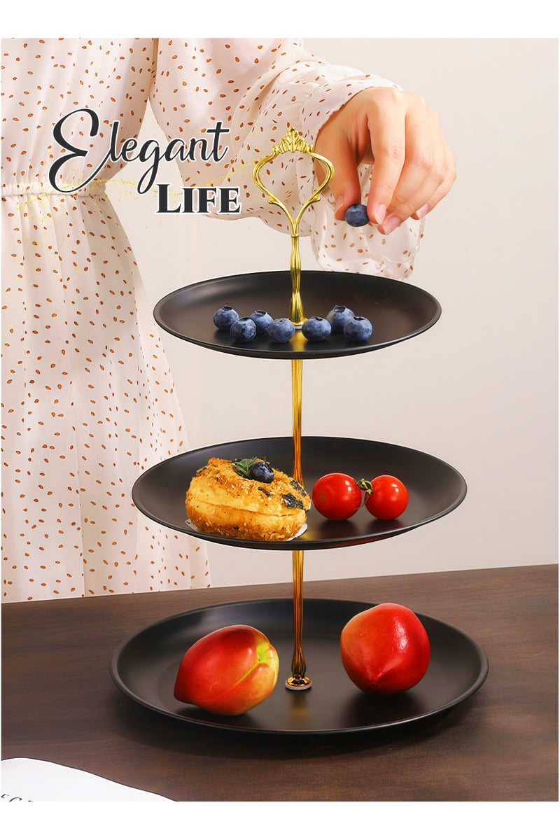 Black Gold Stainless Steel 3-Layer Dessert Stand Fruit Tray ,Cake Stand,Display Rack, Kitchen Dining Tray, Serving Trays with European Crown Handle, Ramadan Dessert Tray ,Tray Decor Coffee Table Round Tray, Perfume Jewelry Trays,for Family Gatherings, Afternoon tea, Office activities, Banquet Celebrations,Hotel Restaurants23.5/20/17X35cm - Image 4