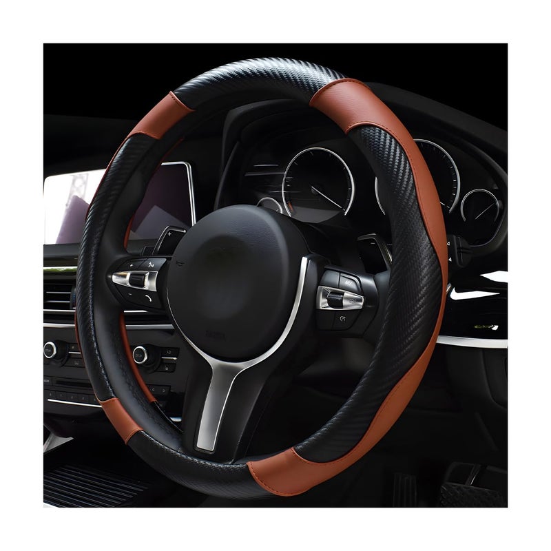 DXNQ Car Steering Wheel Cover 15 Inch Carbon Fiber Leather Stitching Color Steering Wheel Protector AntiSlip Elastic Breathable Steering Wheel Cover Stylish Decor for Most Cars Black Coffee - Image 3