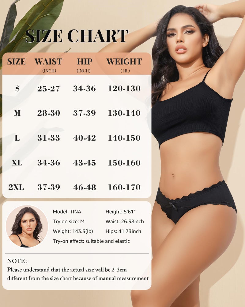 LEVAO 6 Pack Black Cotton Underwear for Women Lace Cheeky Bikini Panties Stretch Soft Hipster Ladies Briefs S-XXL - Image 5