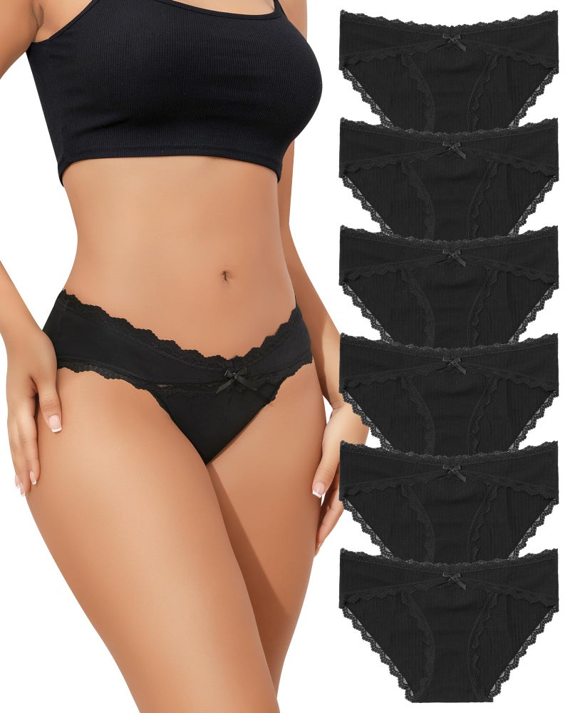 LEVAO 6 Pack Black Cotton Underwear for Women Lace Cheeky Bikini Panties Stretch Soft Hipster Ladies Briefs S-XXL - Image 1