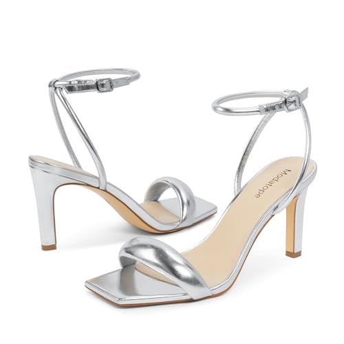 Modatope Silver Heels for Women Open Square Toe Strappy High Heel Sandals Ankle Strap Sandals Heels for Women Size 7.5 - Image 3